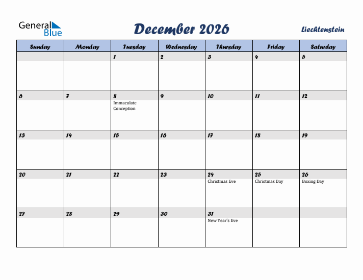 December 2026 Calendar with Holidays in Liechtenstein
