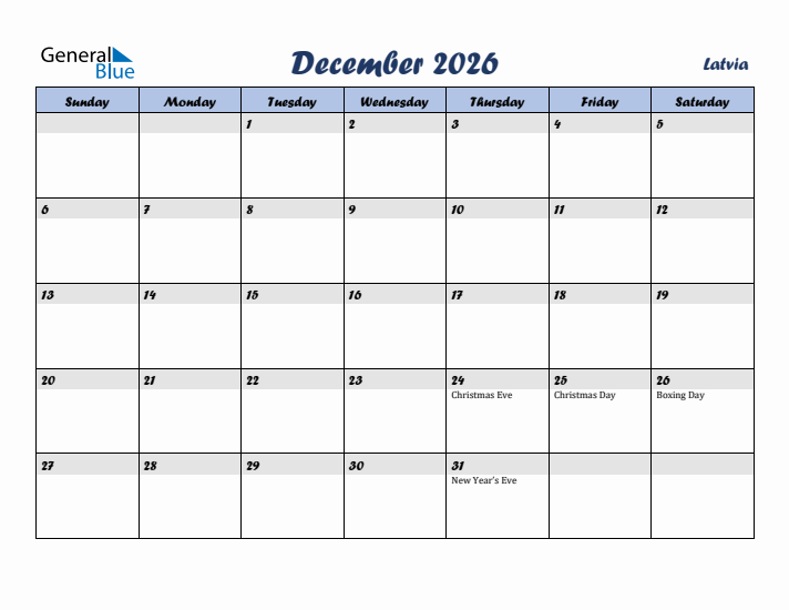 December 2026 Calendar with Holidays in Latvia