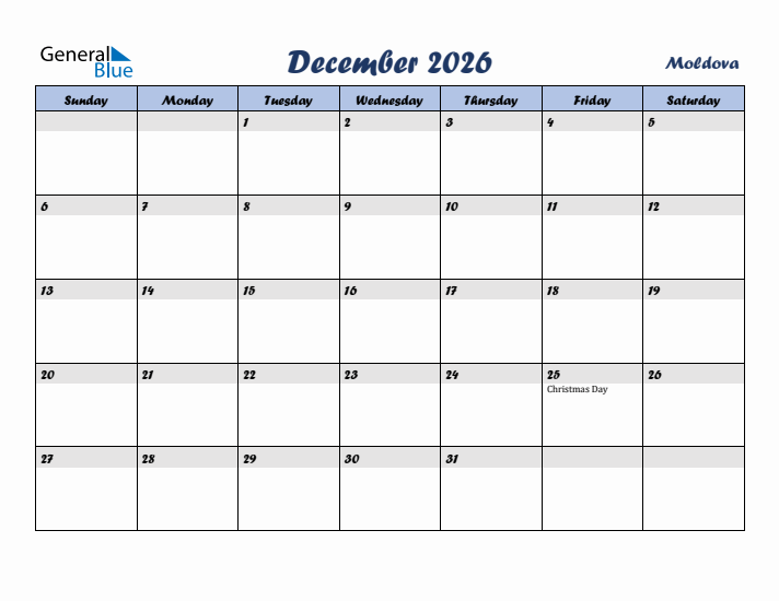 December 2026 Calendar with Holidays in Moldova