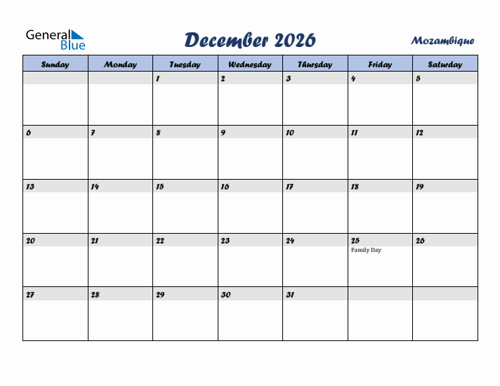 December 2026 Calendar with Holidays in Mozambique