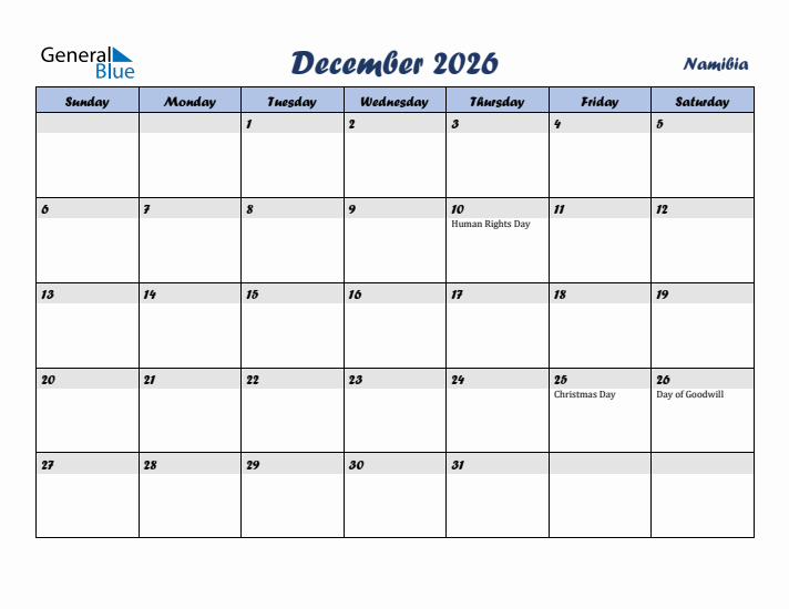 December 2026 Calendar with Holidays in Namibia