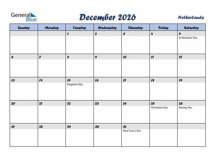 December 2026 Calendar with Holidays in The Netherlands