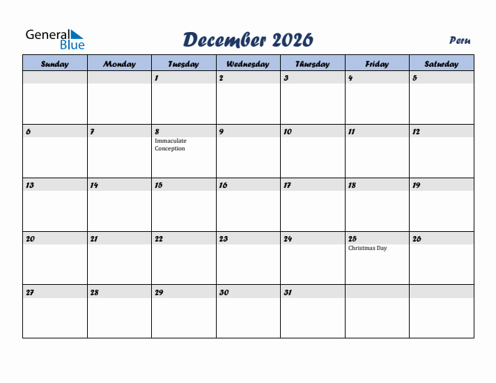 December 2026 Calendar with Holidays in Peru