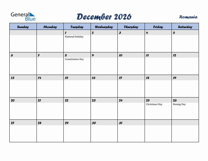 December 2026 Calendar with Holidays in Romania
