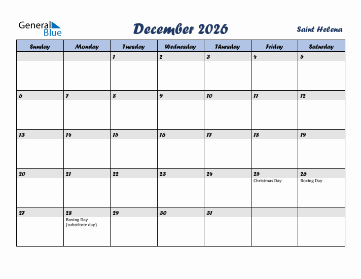 December 2026 Calendar with Holidays in Saint Helena