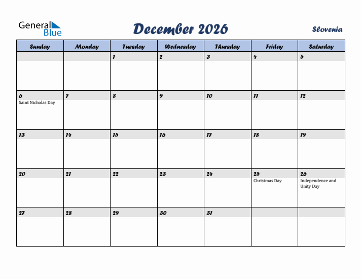 December 2026 Calendar with Holidays in Slovenia