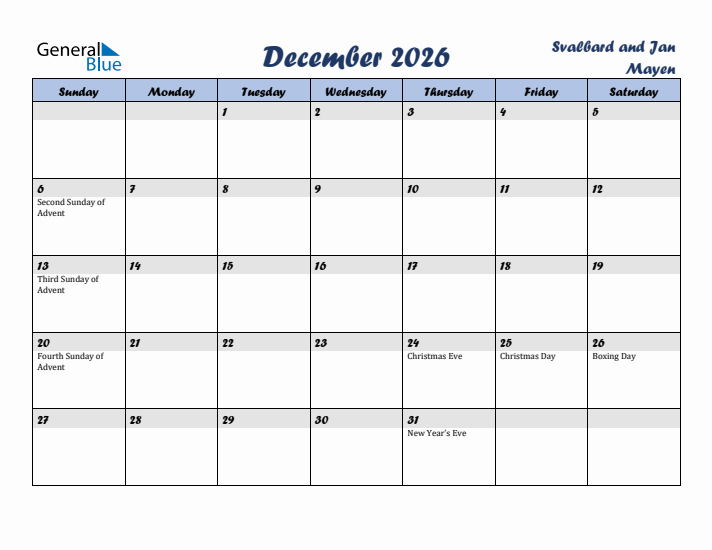 December 2026 Calendar with Holidays in Svalbard and Jan Mayen