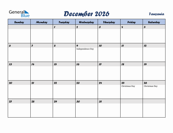 December 2026 Calendar with Holidays in Tanzania