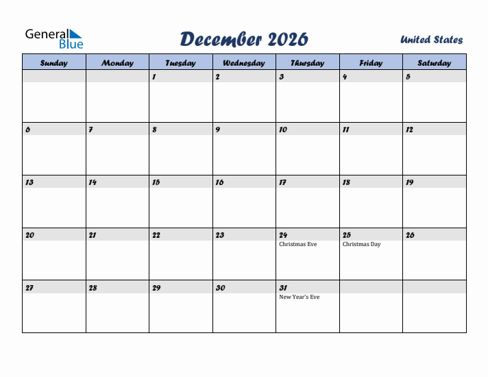 December 2026 Calendar with Holidays in United States