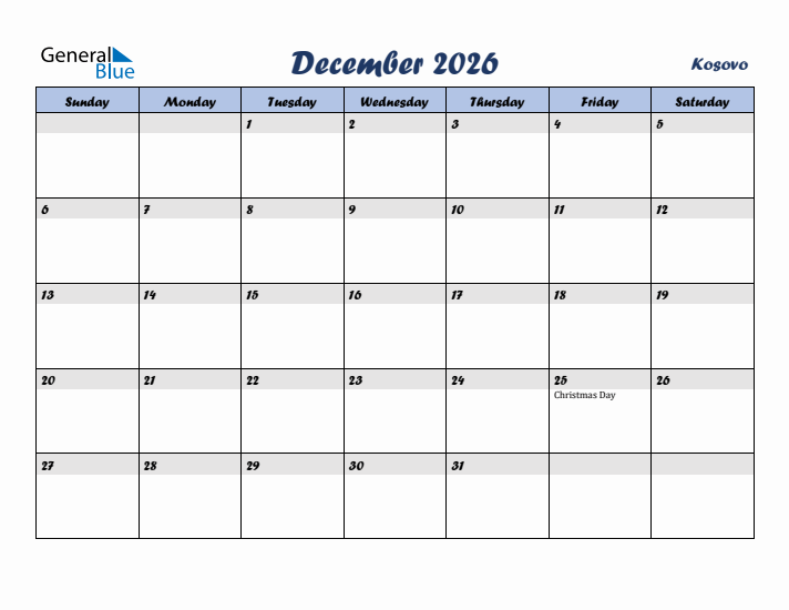December 2026 Calendar with Holidays in Kosovo