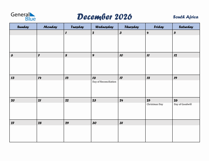December 2026 Calendar with Holidays in South Africa
