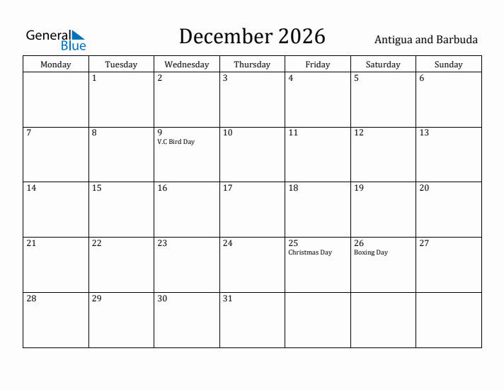December 2026 Calendar Antigua and Barbuda