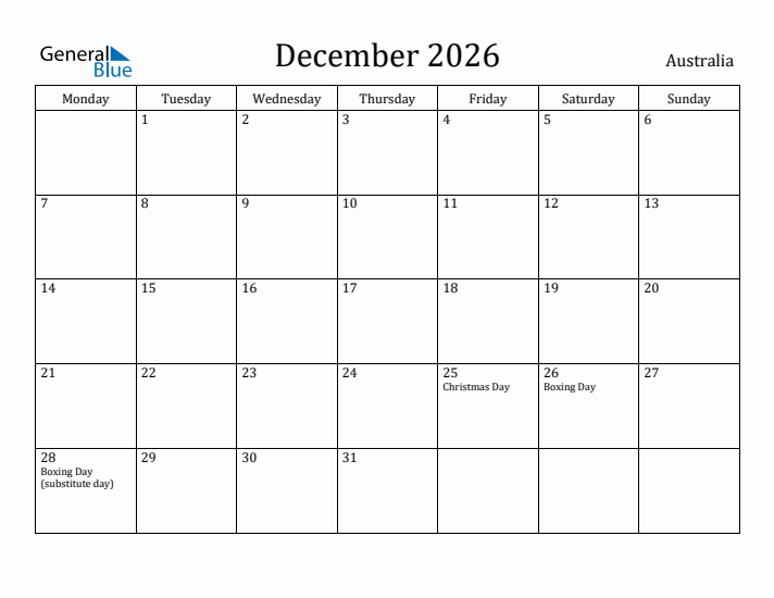 December 2026 Calendar Australia