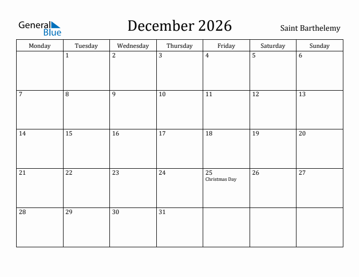 December 2026 Calendar Saint Barthelemy