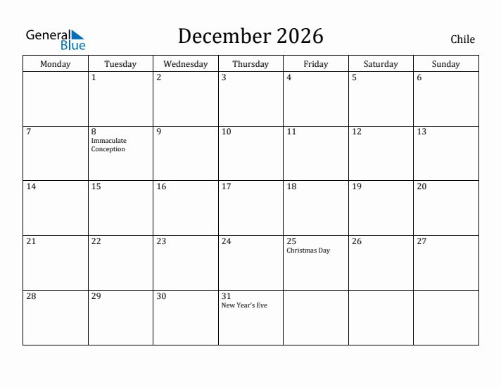 December 2026 Calendar Chile