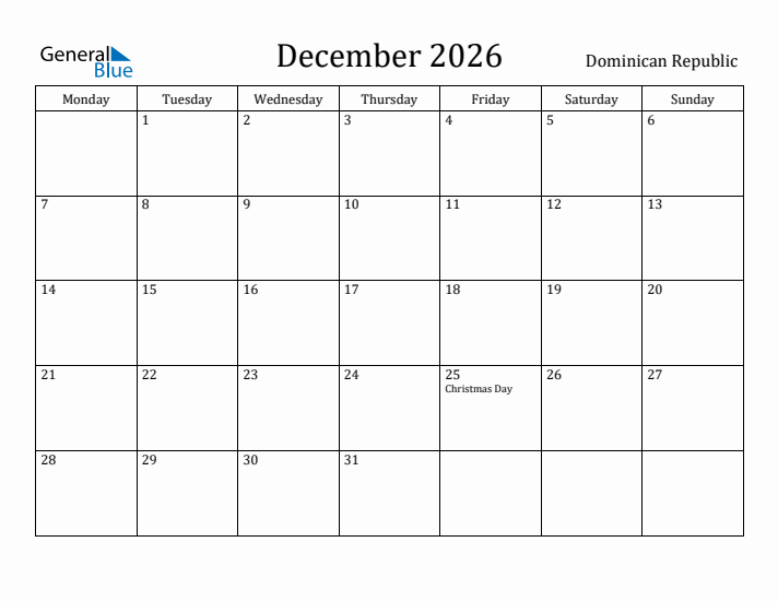 December 2026 Calendar Dominican Republic