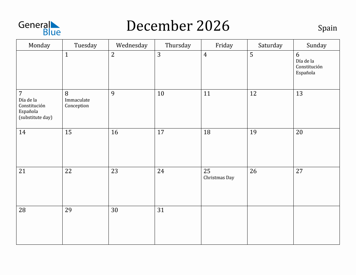 December 2026 - Spain Monthly Calendar with Holidays