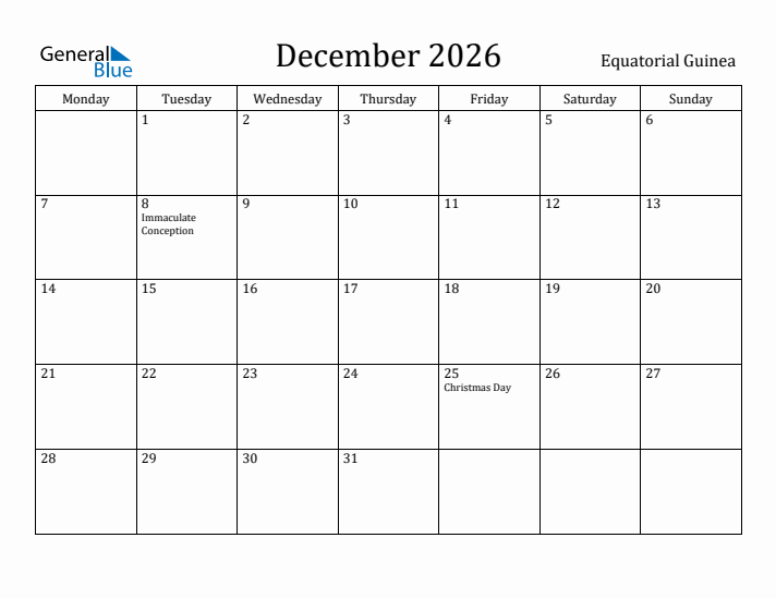 December 2026 Calendar Equatorial Guinea