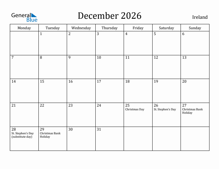 December 2026 Calendar Ireland