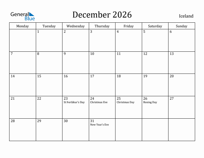 December 2026 Calendar Iceland