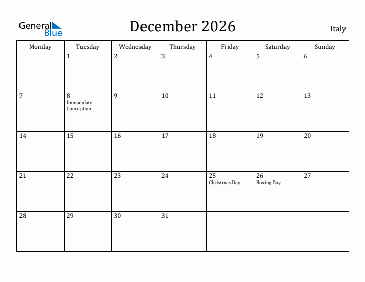 December 2026 Calendar Italy