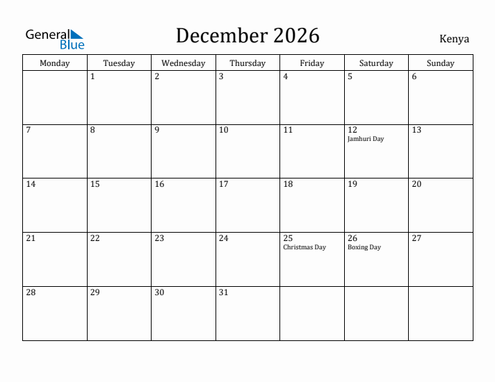 December 2026 Calendar Kenya