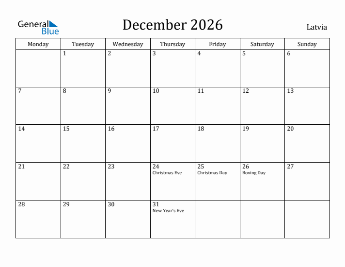 December 2026 Calendar Latvia