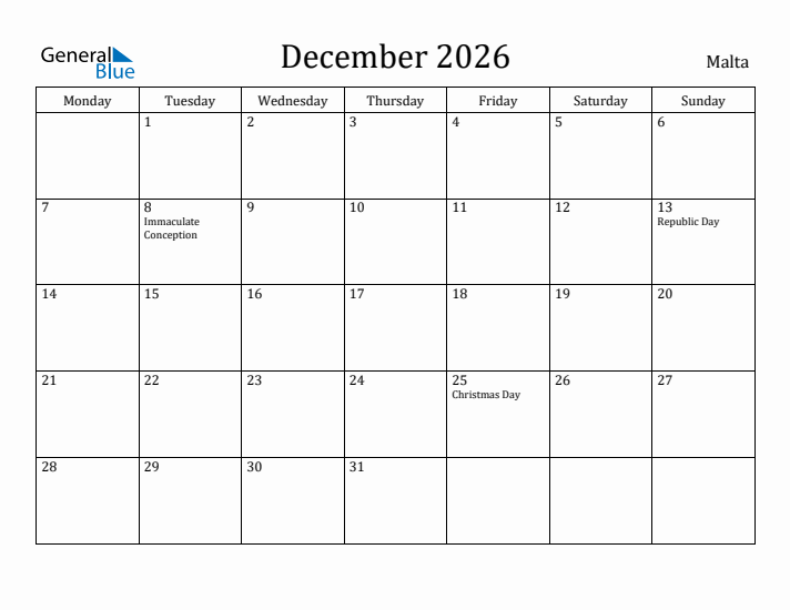 December 2026 Calendar Malta