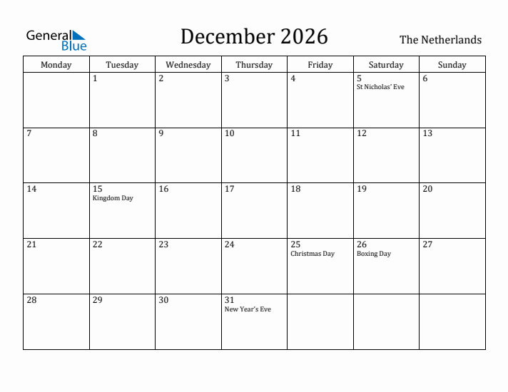 December 2026 Calendar The Netherlands