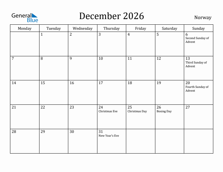 December 2026 Calendar Norway