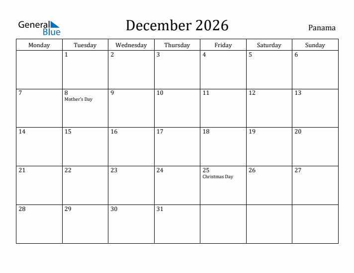December 2026 Calendar Panama