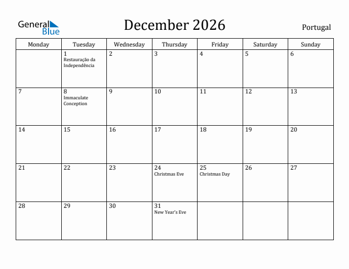 December 2026 Calendar Portugal