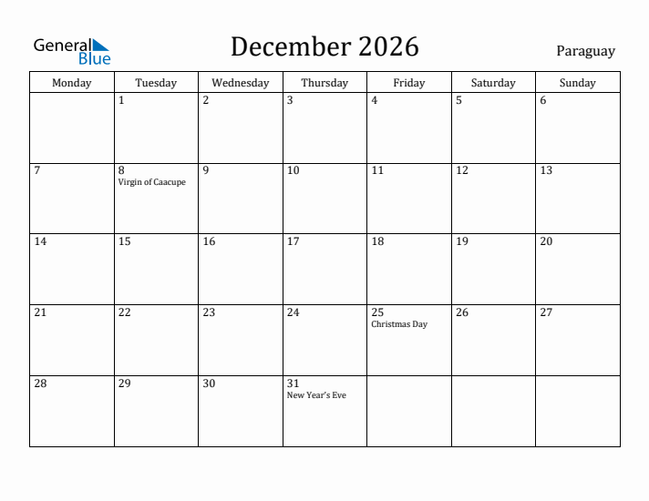 December 2026 Calendar Paraguay