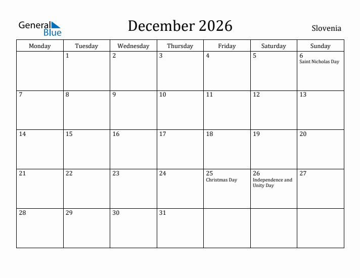 December 2026 Calendar Slovenia