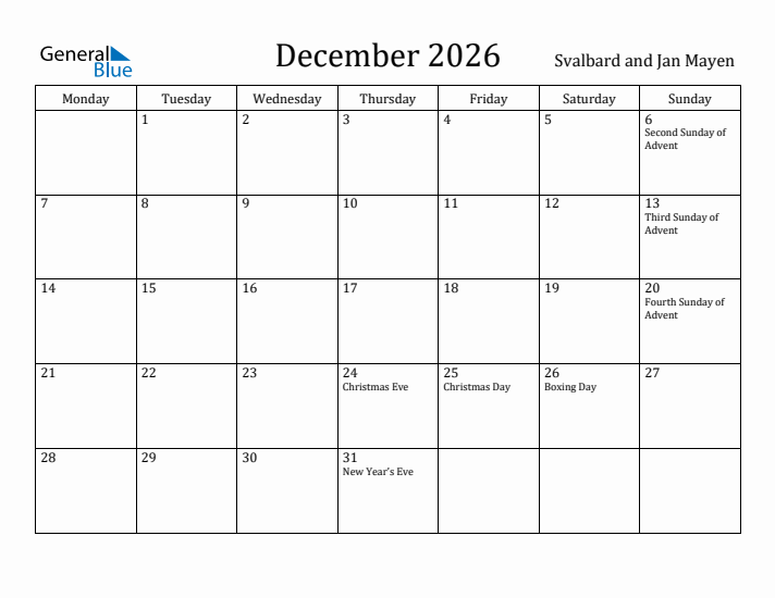 December 2026 Calendar Svalbard and Jan Mayen