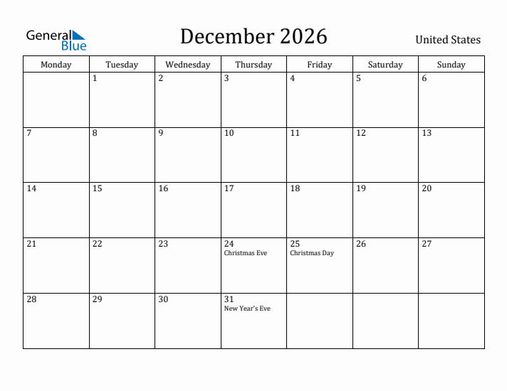 December 2026 Calendar United States