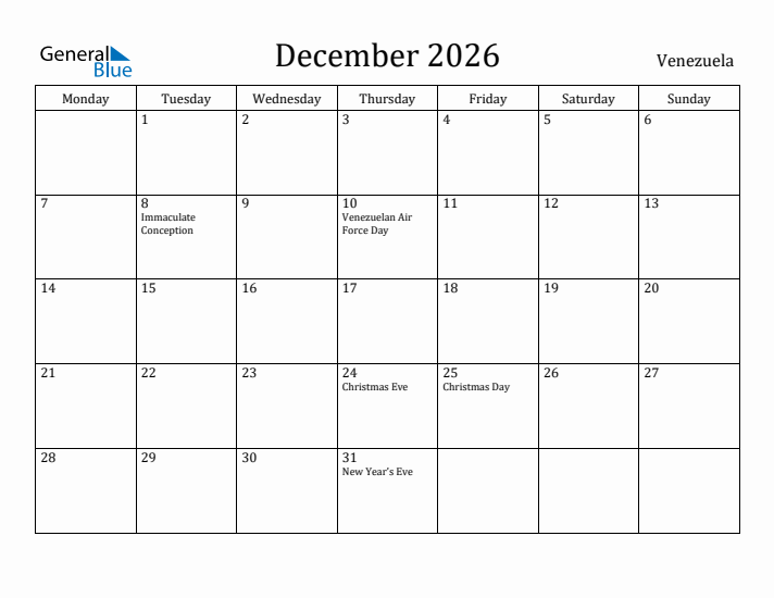 December 2026 Calendar Venezuela