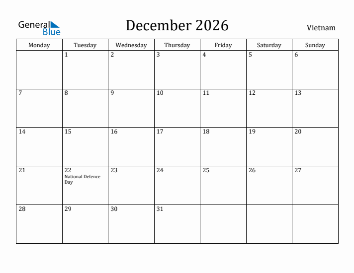 December 2026 Calendar Vietnam