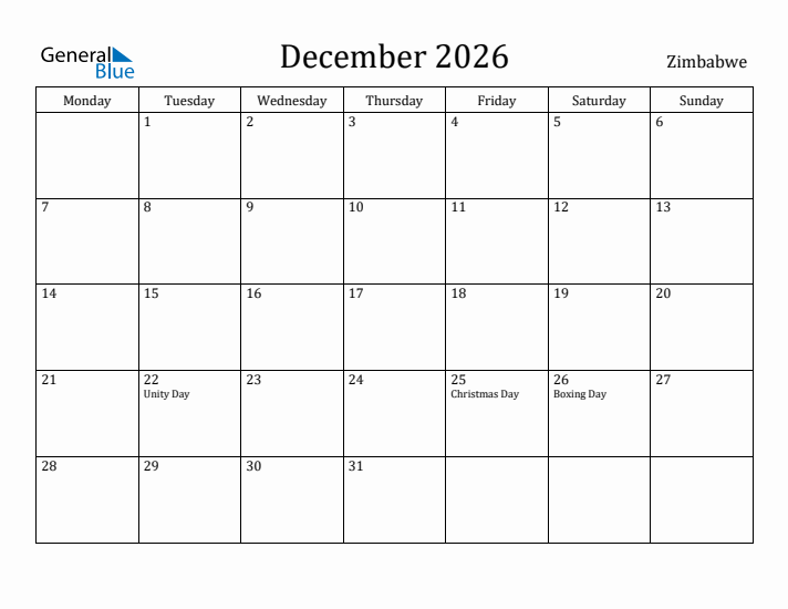 December 2026 Calendar Zimbabwe