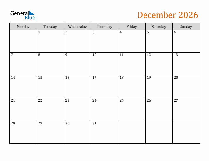 Editable December 2026 Calendar
