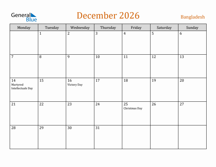 December 2026 Holiday Calendar with Monday Start