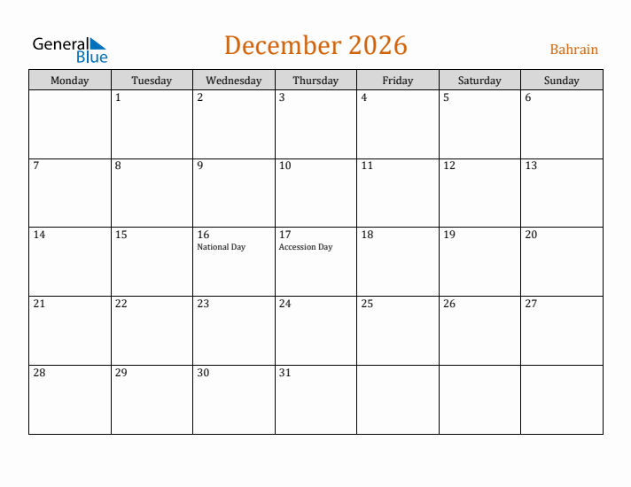 December 2026 Holiday Calendar with Monday Start