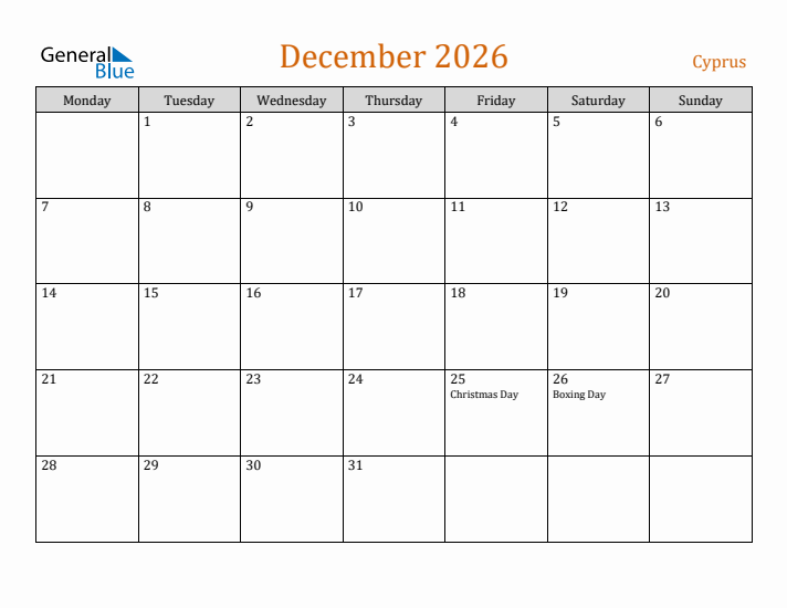 December 2026 Holiday Calendar with Monday Start