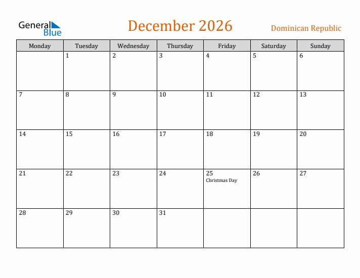 December 2026 Holiday Calendar with Monday Start