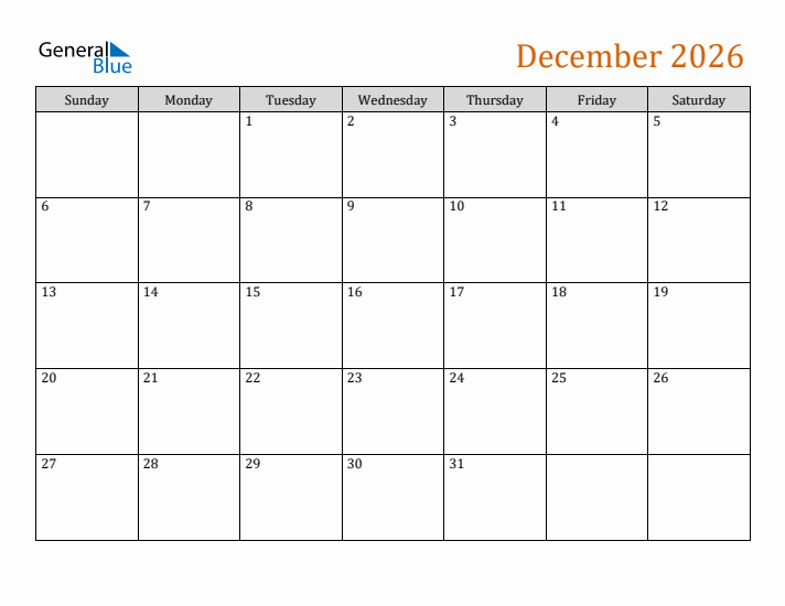 Editable December 2026 Calendar