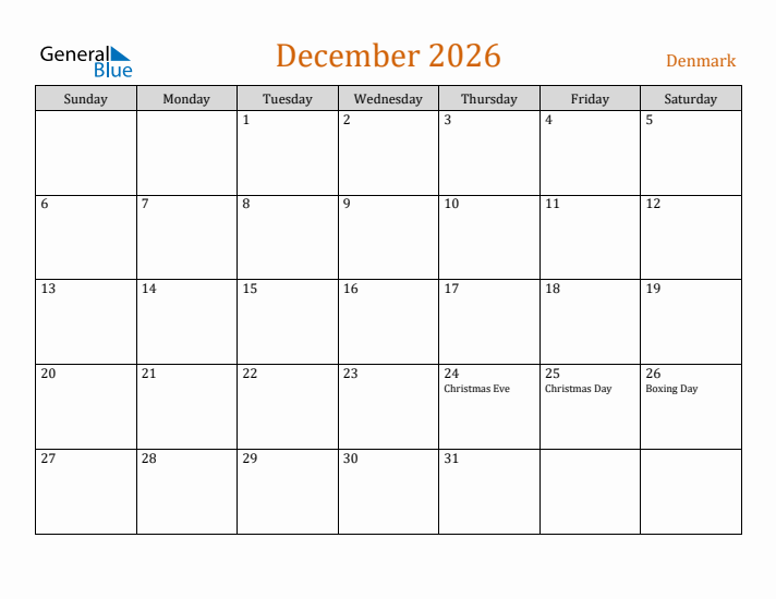 December 2026 Calendar With Denmark Holidays