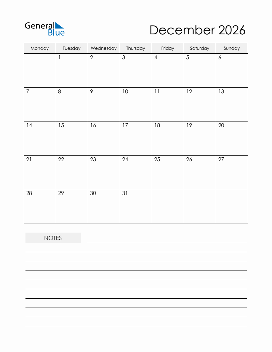 December 2026 Monthly Planner Calendar