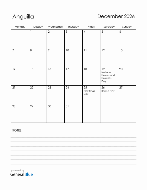December 2026 Anguilla Calendar with Holidays (Monday Start)