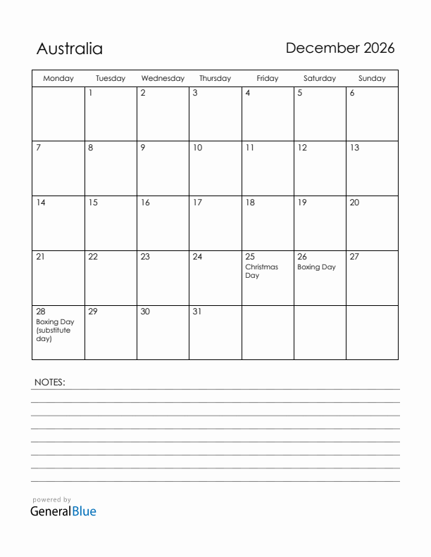 December 2026 Australia Calendar with Holidays (Monday Start)