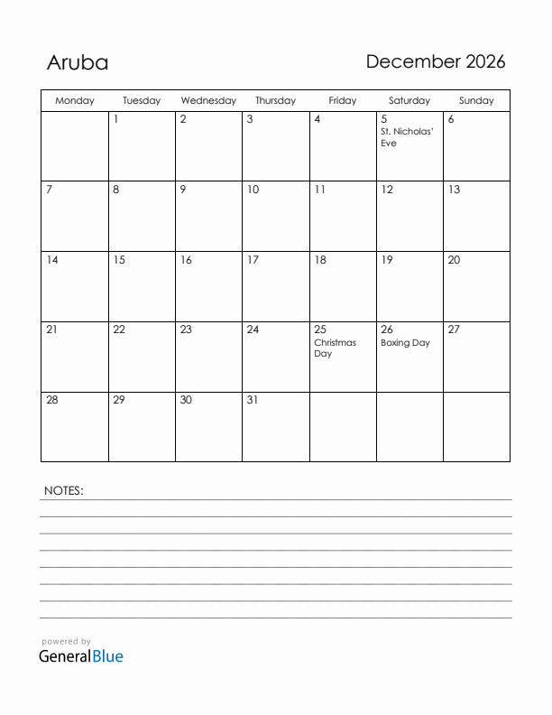 December 2026 Aruba Calendar with Holidays (Monday Start)